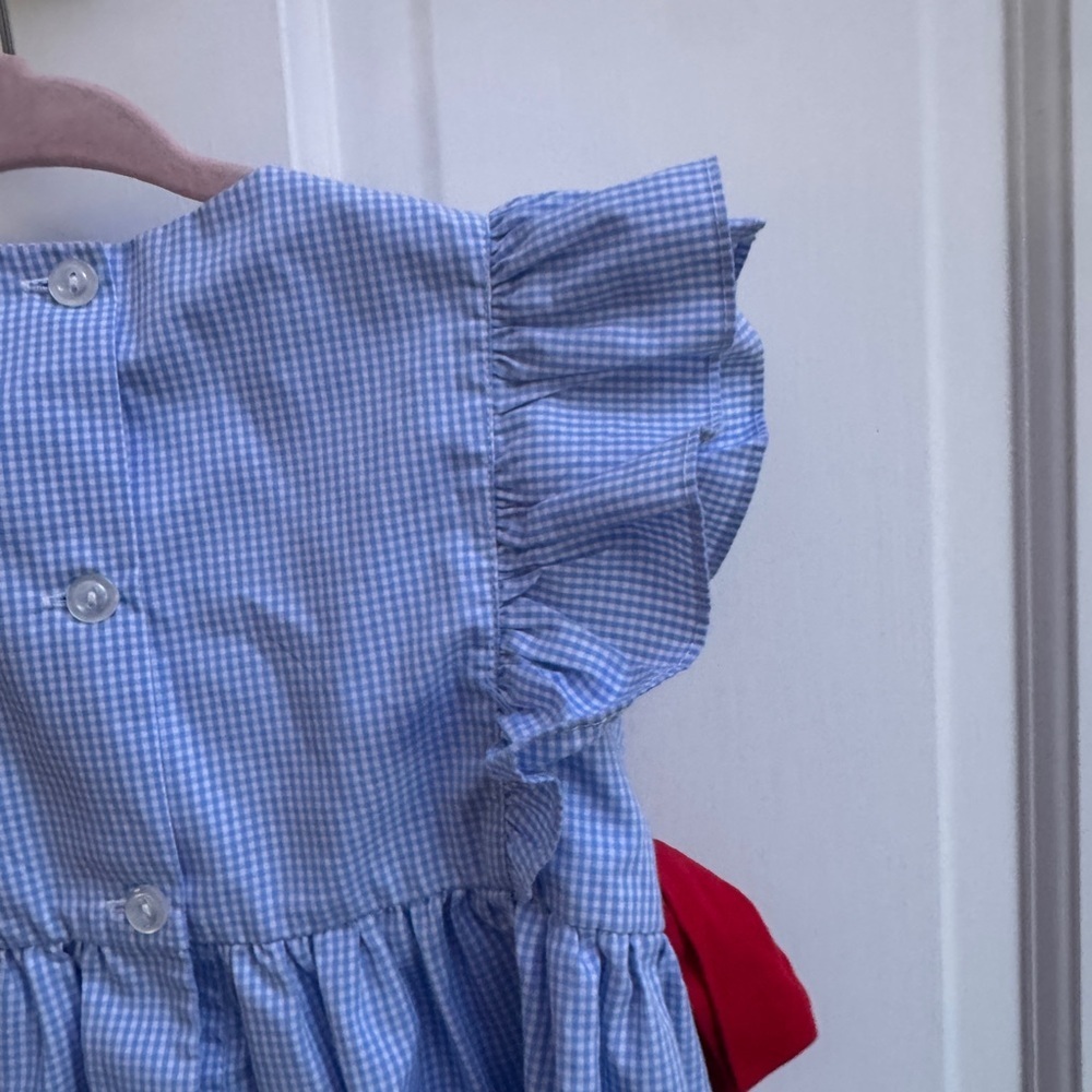 NWOT Stitchy Fish 4T Girls Blue Gingham Back to School Apple Short Sleeve Dress - Picture 8 of 9